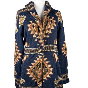 FAHERTY Southwestern Shawl Collar Cardigan Women’s Sz XS, Toggles, Navy & Ochre